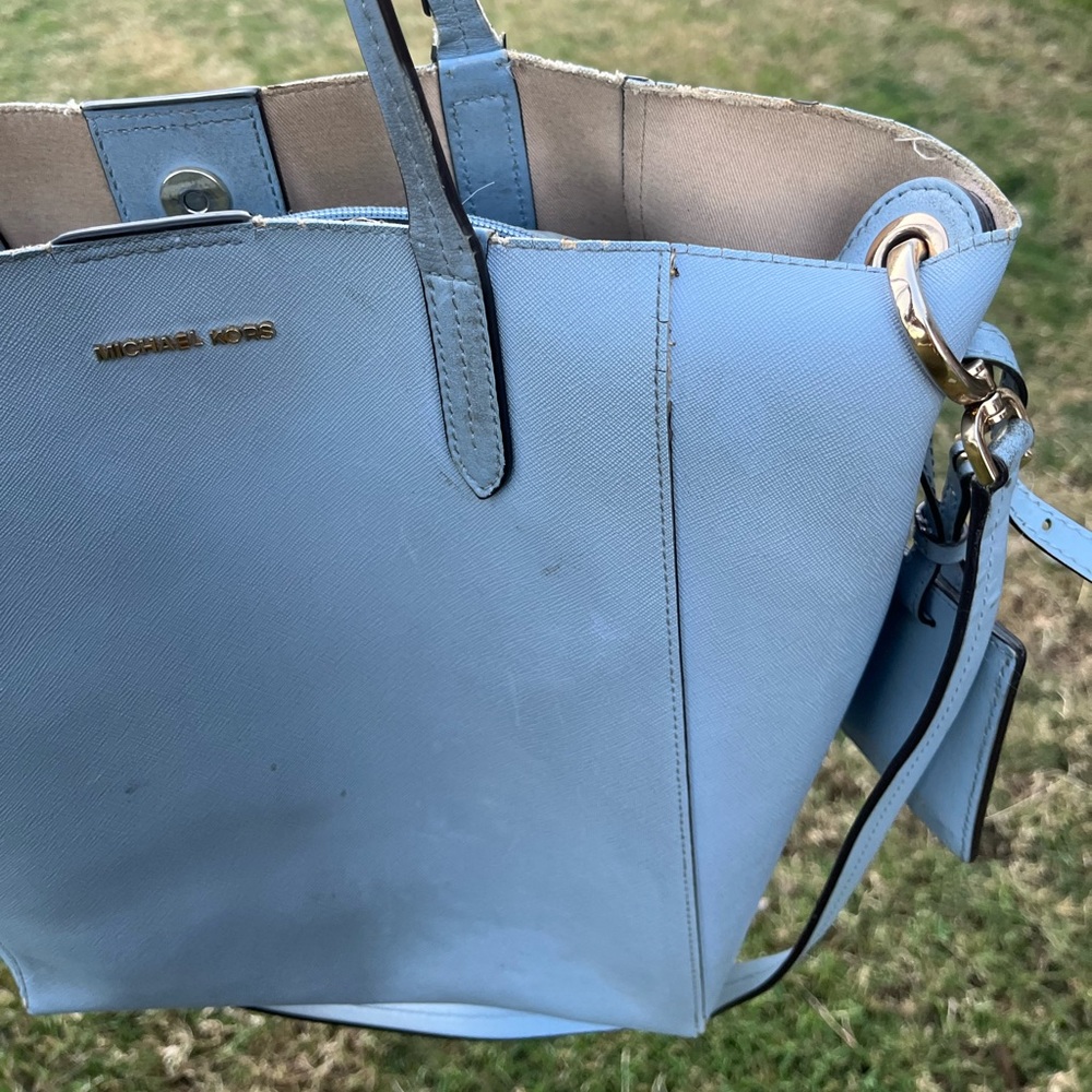 Michael Kors dusty light blue travel Trolley Carrt On purse travel tag Personal